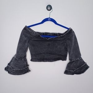 Zara Premium Denim Black Acid Wash Crop Top Bell Sleeves